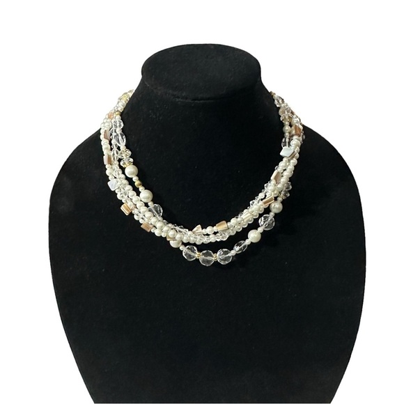 PD Premier Designs White 5 Strand Clear Glass Faux Pearl MOP Bib Necklace 17-21” - Picture 2 of 13